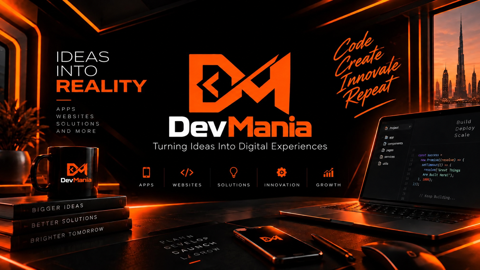DevMania orange-lit development studio